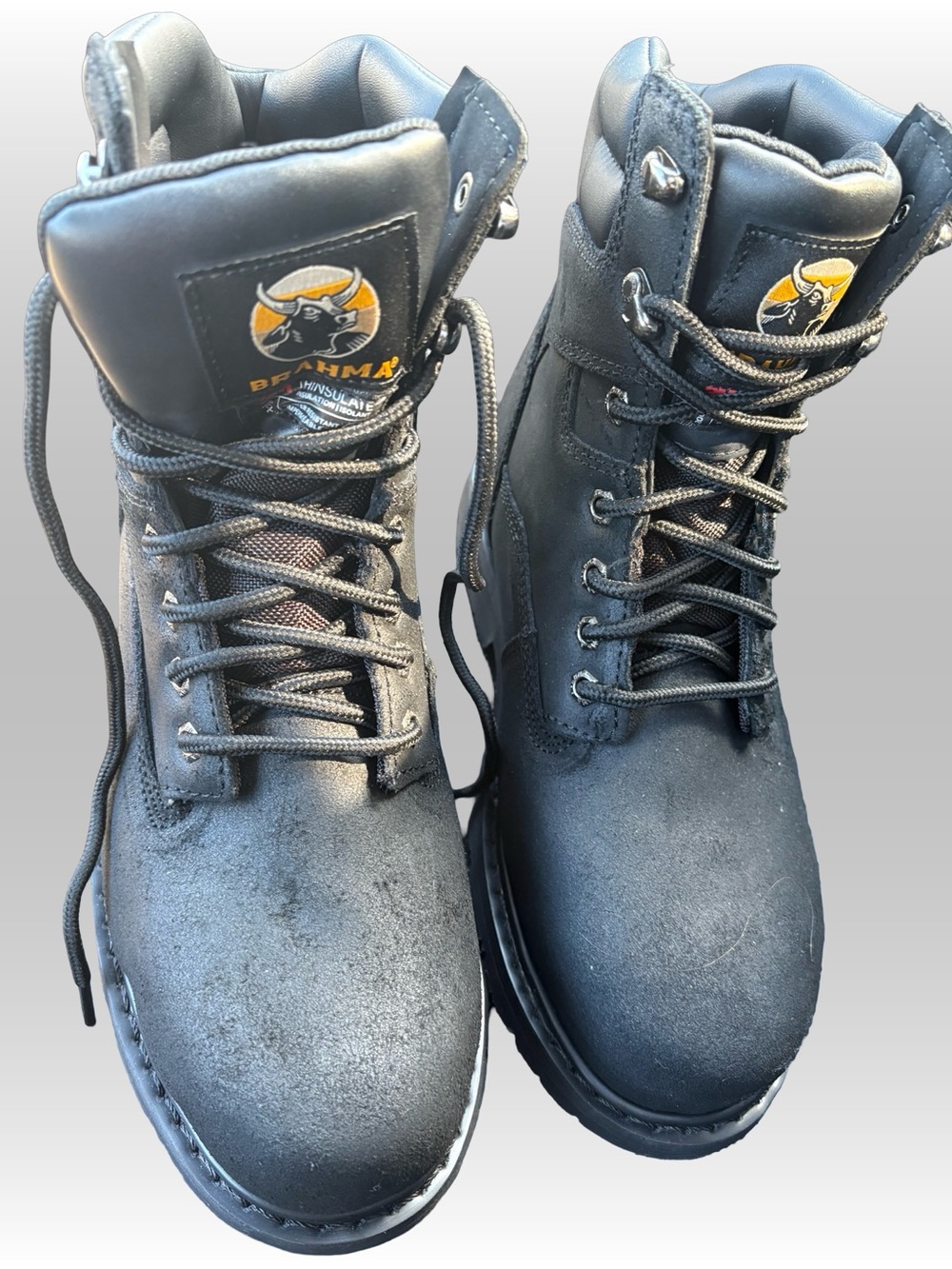 Brahma Black Steel Toe Water Resistant Men’s Boots with Yellow Logo Accent Sz 9w